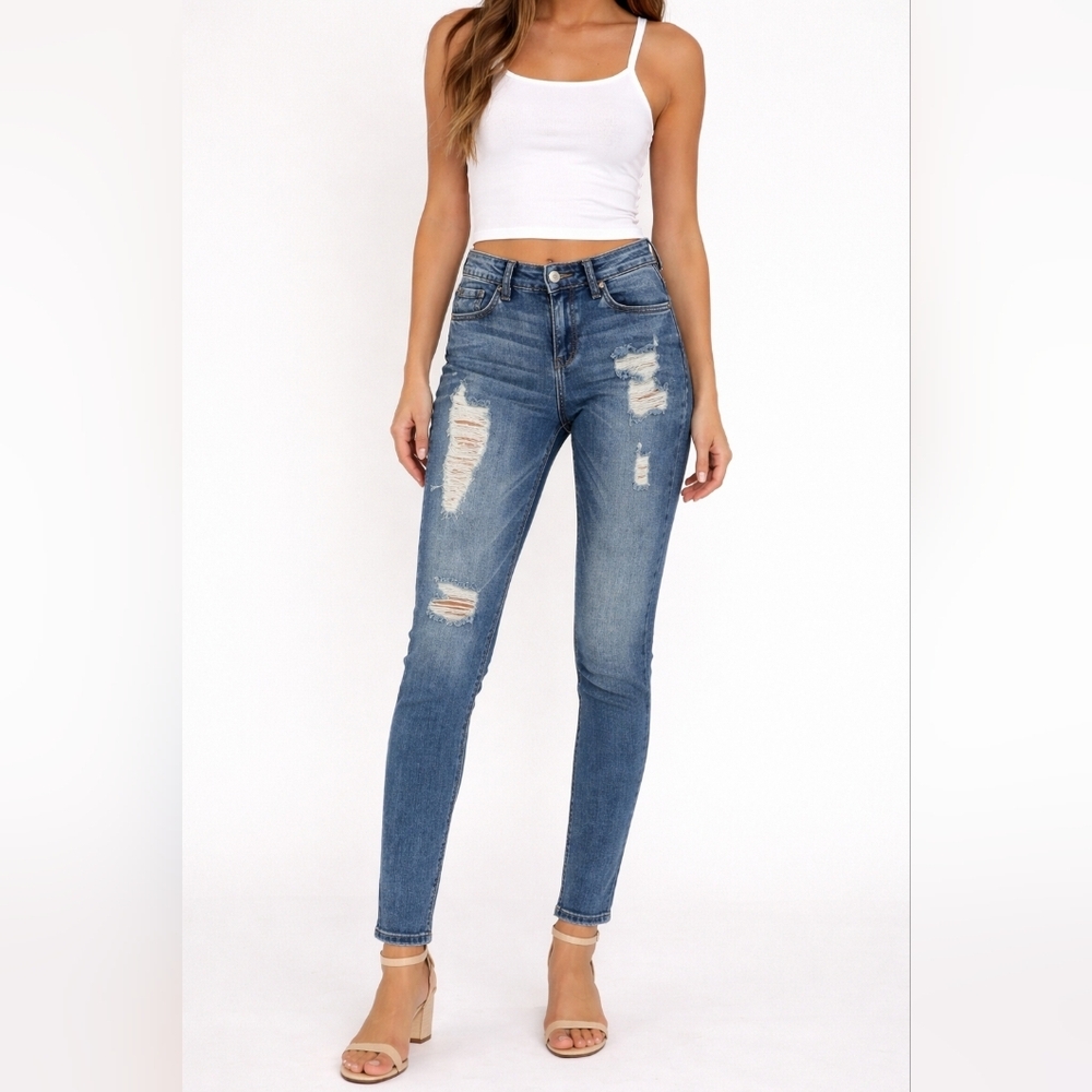 EUNINA Women Blue Jeans COMFORT SKINNY MID RISE CROP Distressed Sz 7